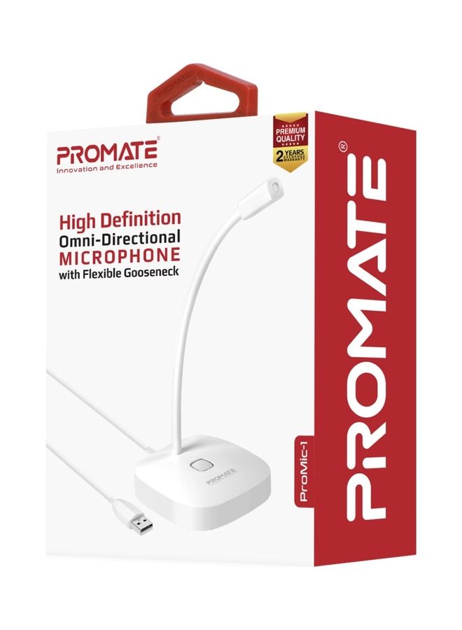 USB Desktop Microphone, High Definition Omni-Directional USB Microphone with Flexible Gooseneck, Mute Touch Button, LED Indicator and Built-In Anti-Tangle Cord for PC, Laptop, Recording, Games White