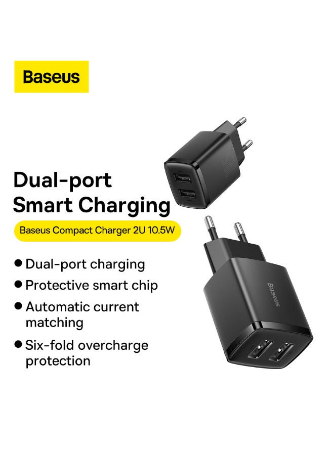 Baseus - COMPACT WALL CHARGER WITH 2 USB PORTS - 10.5W Black - Image 1