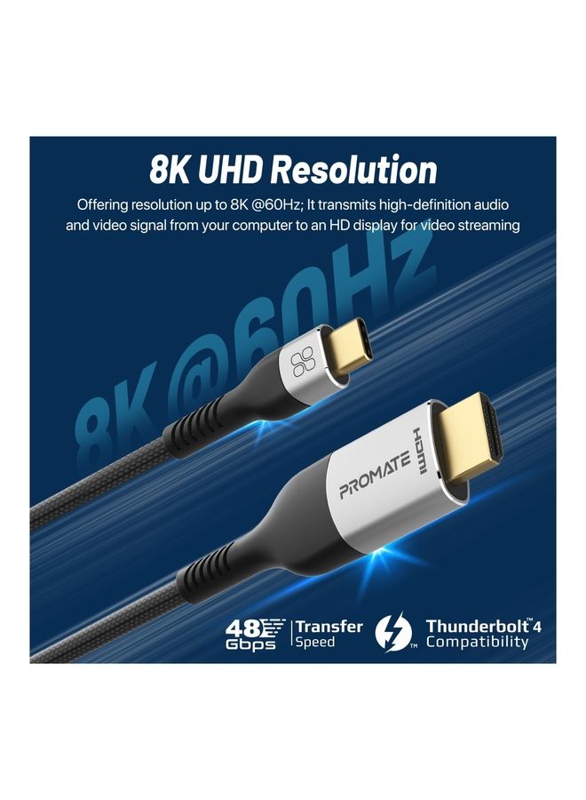 PROMATE Promate USB-C™ to HDMI Cable, Ultra HD 8k 60hz Type-C™ (Thunderbolt-4) to HDMI Cable with 48Gbps Transmission and 10000+ Bend Lifespan for MacBook Pro, iPad Air, MediaCord-8K Black  - Image 2