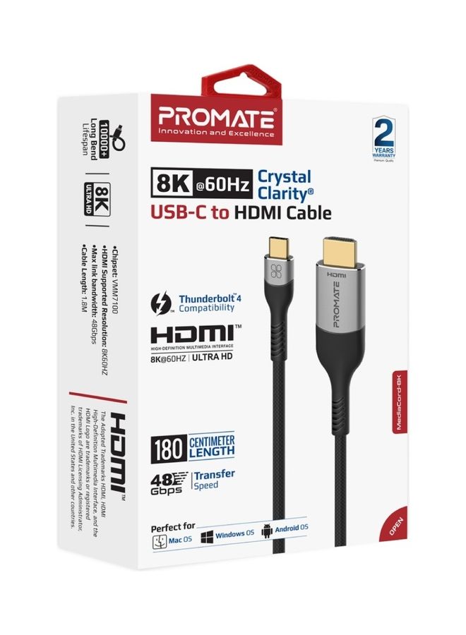 PROMATE Promate USB-C™ to HDMI Cable, Ultra HD 8k 60hz Type-C™ (Thunderbolt-4) to HDMI Cable with 48Gbps Transmission and 10000+ Bend Lifespan for MacBook Pro, iPad Air, MediaCord-8K Black  - Image 5