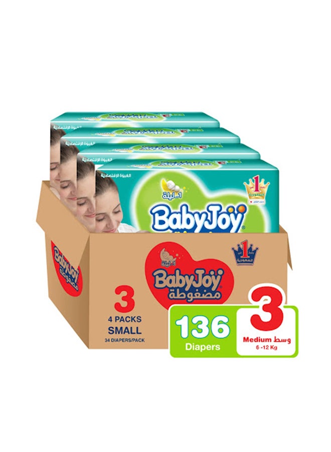 BabyJoy - Compressed Air Net Diaper, Size 3 Medium, 6-12kg, Pack Of 4, 136 Count - Image 1