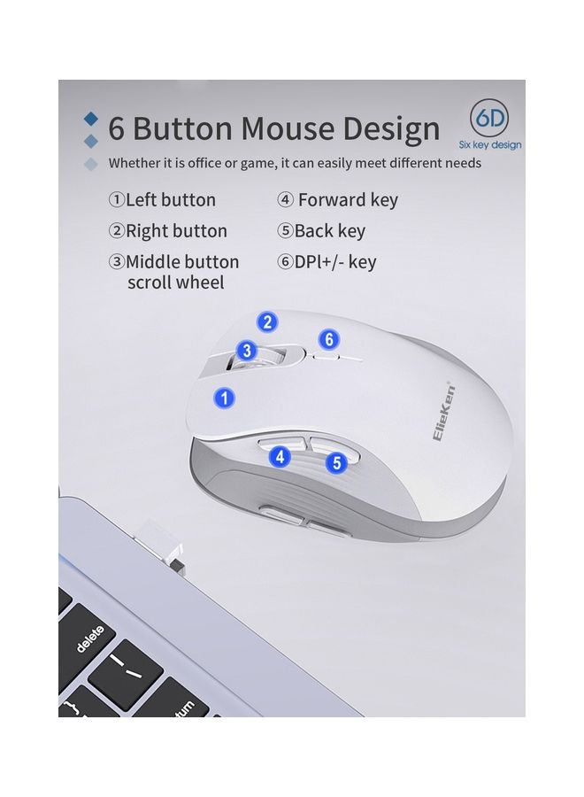 Wireless Mouse 2.4G 6 Buttons Design With Usb Receiver And Mice For Pc Laptop Desktop White