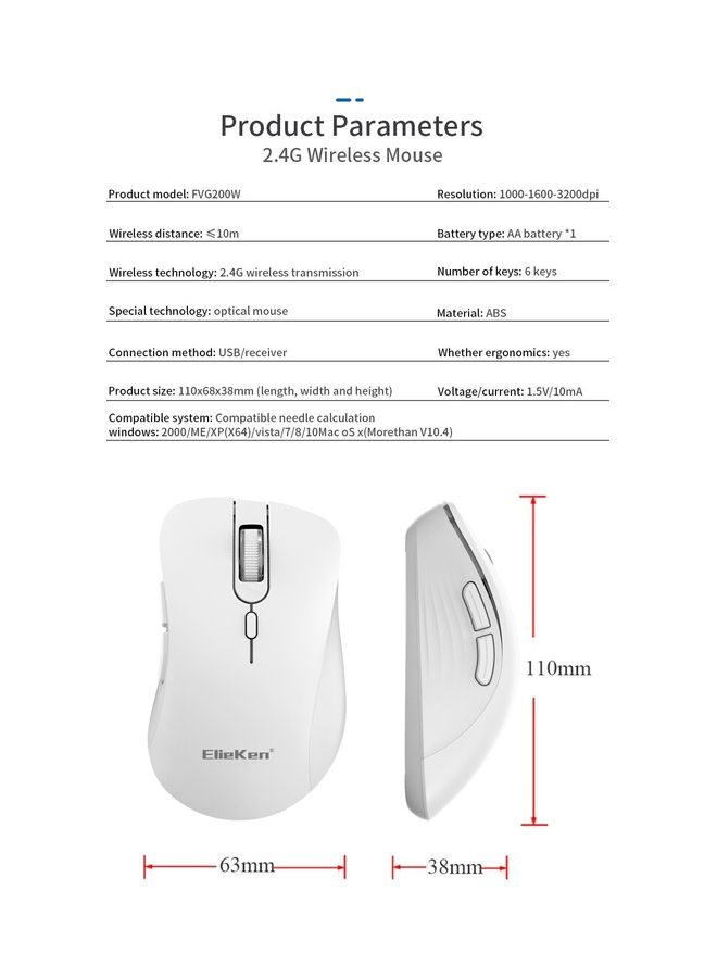 Wireless Mouse 2.4G 6 Buttons Design With Usb Receiver And Mice For Pc Laptop Desktop White