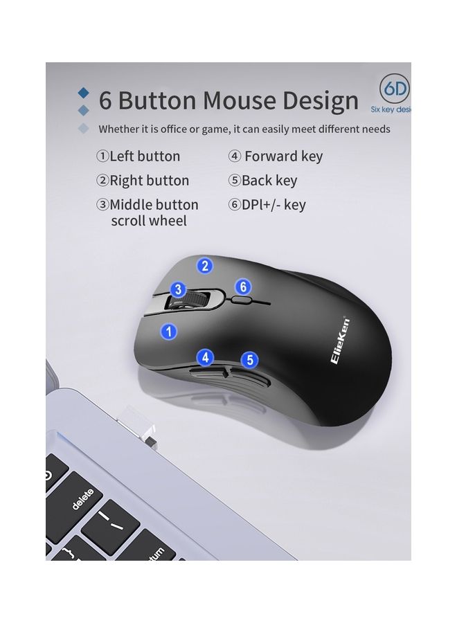 ElieKen Wireless Mouse 2.4G 6 Button Design With Usb Receiver 3200 Dpi Mice For Pc Laptop Desktop Black  - Image 3