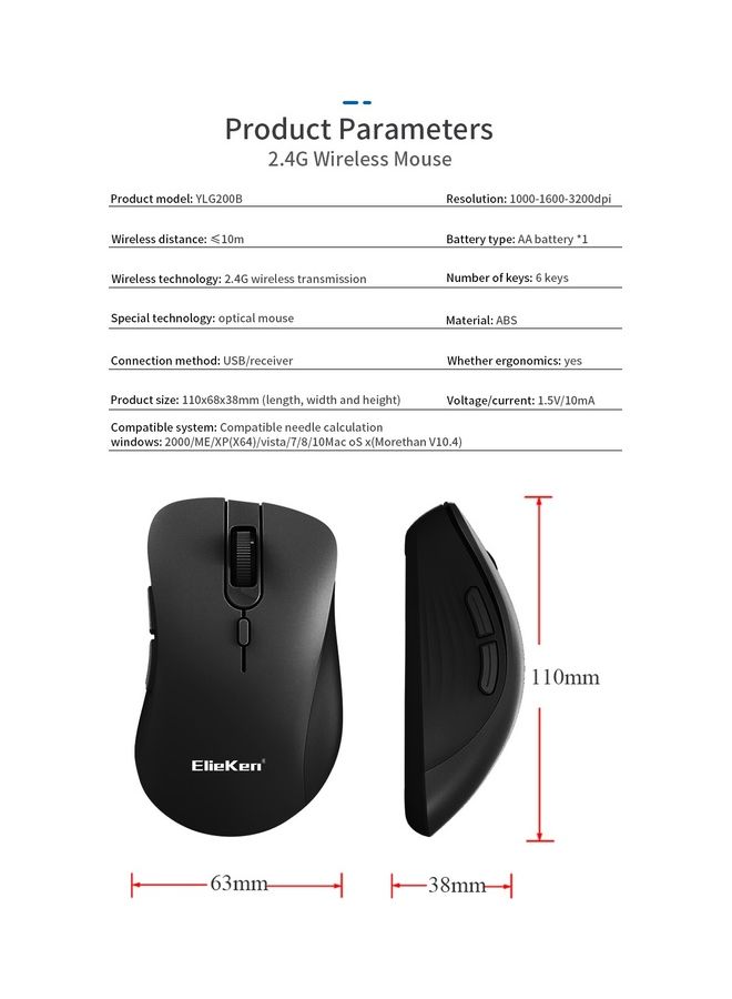 ElieKen Wireless Mouse 2.4G 6 Button Design With Usb Receiver 3200 Dpi Mice For Pc Laptop Desktop Black  - Image 5