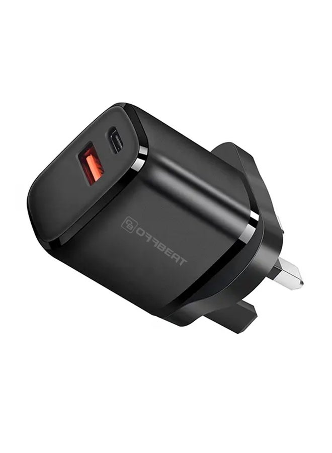 OFFBEAT - Ace Duo Charger 20W Power Adapter with Dual Port (USB-A + PD Type C), Fast Charging, Short circuit protection, Overcharging protection, ABS Fireproof material Black - Image 1