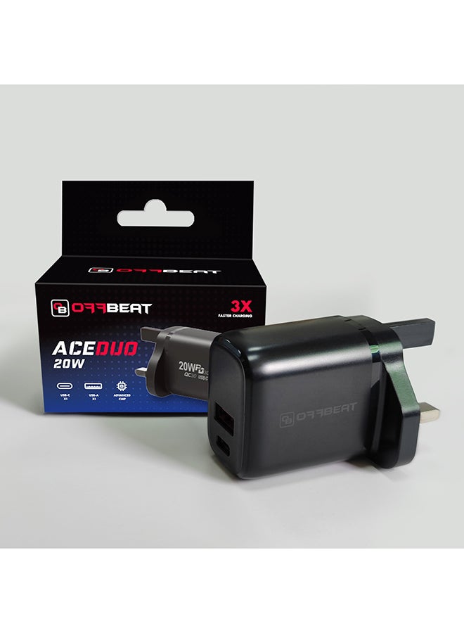 OFFBEAT - Ace Duo Charger 20W Power Adapter with Dual Port (USB-A + PD Type C), Fast Charging, Short circuit protection, Overcharging protection, ABS Fireproof material Black - Image 1