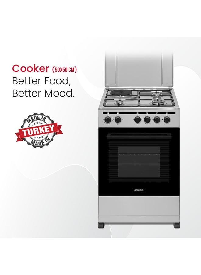 Nobel 50 x 50 Electric & Gas Cooker, 3 Gas Burner, 1 Hot Plate, Electric Grill & Electric Oven, 6 Knob Control, Manual Ignition, Inner Light, Stainless Steel Lid, 49.8 x 54.7 x 86 cm, Silver, Made In Turkey NGC5300-S Silver  - Image 2