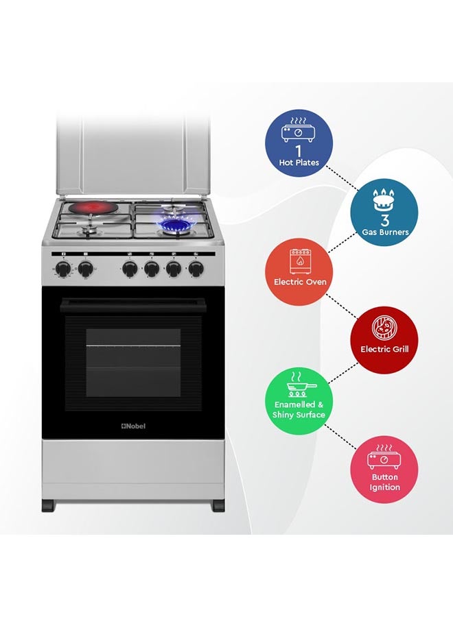 Nobel 50 x 50 Electric & Gas Cooker, 3 Gas Burner, 1 Hot Plate, Electric Grill & Electric Oven, 6 Knob Control, Manual Ignition, Inner Light, Stainless Steel Lid, 49.8 x 54.7 x 86 cm, Silver, Made In Turkey NGC5300-S Silver  - Image 4