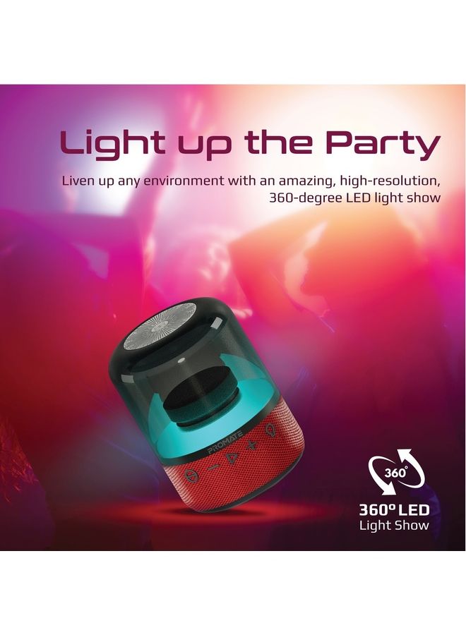 PROMATE - Portable Wireless Speaker,Powerful 8W 360-Degree HD Stereo Speaker with TWS,Retro LED Light Show,4H Playtime,USB Media Port,TF Card Slot and 3.5mm Port for Bluetooth Enabled Devices,Glitz Red - Image 1