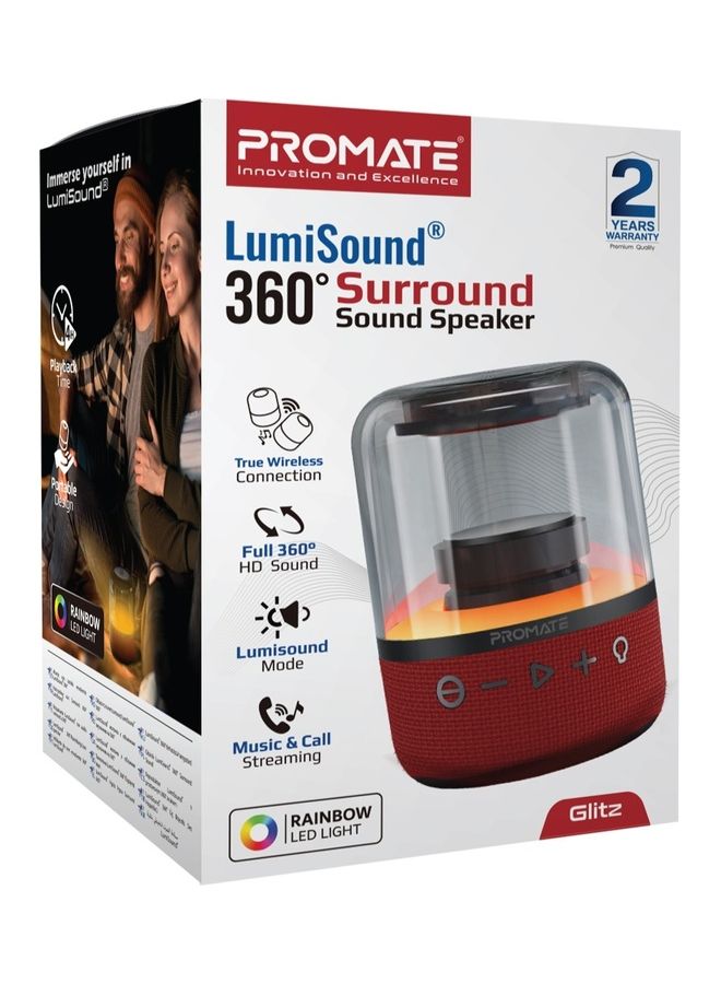 PROMATE - Portable Wireless Speaker,Powerful 8W 360-Degree HD Stereo Speaker with TWS,Retro LED Light Show,4H Playtime,USB Media Port,TF Card Slot and 3.5mm Port for Bluetooth Enabled Devices,Glitz Red - Image 1