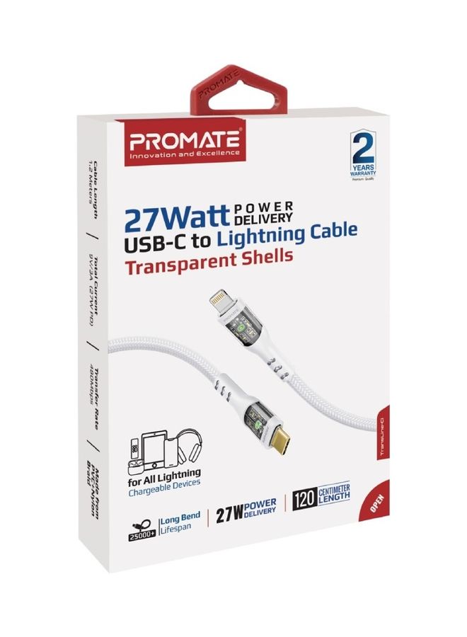 PROMATE - Type-C To Lightning Cable 1.2M 27W White - Image 1