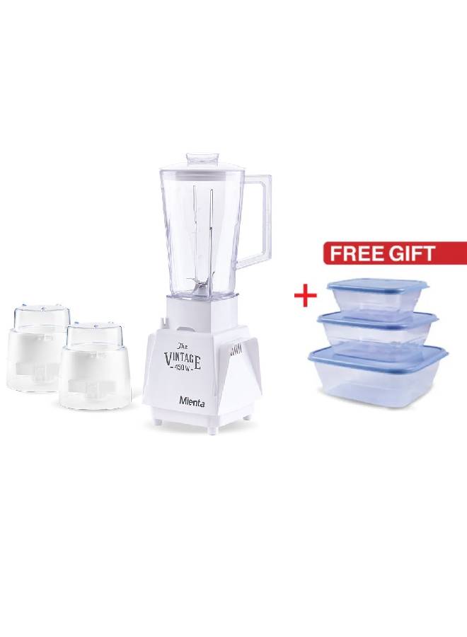 Mienta - Plastic Blender Plus 3 Set Plastic Containers 1.25 L 450 W BL-242 White/Clear - Image 1