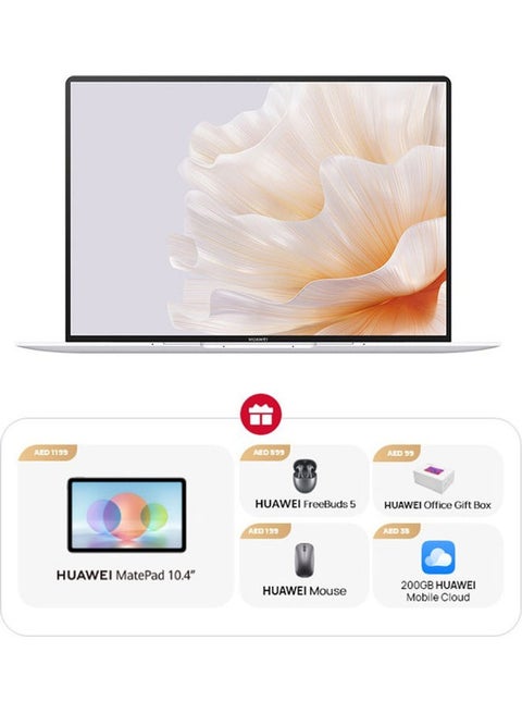 MateBook X Pro 2023 Laptop With 14.2-Inch Display, Core i7 1360P Processor/16GB RAM/1TB SSD/Inte Iris XE Graphics/Windows 11 With Matepad 10.4 + Freebuds 5 + Mouse + Smart Office Gift Box English/Arabic White English/Arabic White