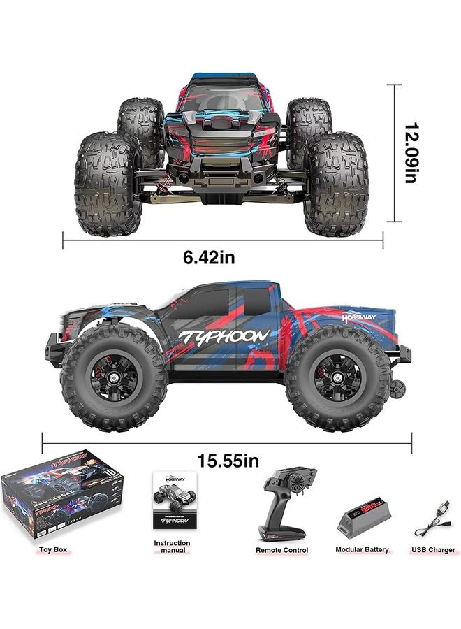 مايتويز سيارات Hobbiway Typhoon 1:10 RC، شاحنة تحكم عن بعد بسرعة 60+ كم/ساعة، سيارة كهربائية من فئة Hobby Grade 4WD 60+ كم/ساعة، عربات التي تجرها الدواب الكهربائية لجميع التضاريس على الطرق الوعرة مع بطارية معيارية 2000 مللي أمبير للبالغين والأولاد (دعم تعديل متقدم)  - Image 2