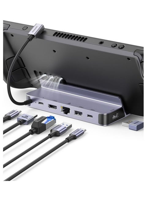 قاعدة ستيم ديك 6 في 1 مع منفذ HDMI 4K @60Hz وموزع شحن USB C PD 100 واط، جيجابت ايثرنت،5Gbps نقل البيانات، USB-C و2 USB-A 3.0 ملحقات حامل ستيم ديك من الالومنيوم متوافقة مع منصة ستيم ديك