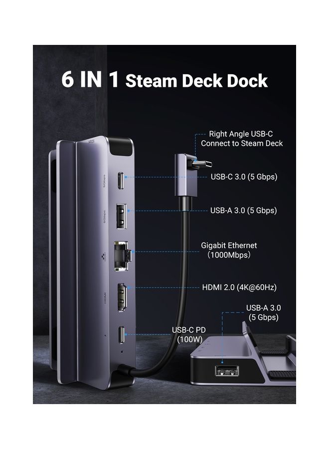 يو جرين - قاعدة ستيم ديك 6 في 1 مع منفذ HDMI 4K @60Hz وموزع شحن USB C PD 100 واط، جيجابت ايثرنت،5Gbps نقل البيانات، USB-C و2 USB-A 3.0 ملحقات حامل ستيم ديك من الالومنيوم متوافقة مع منصة ستيم ديك - Image 1