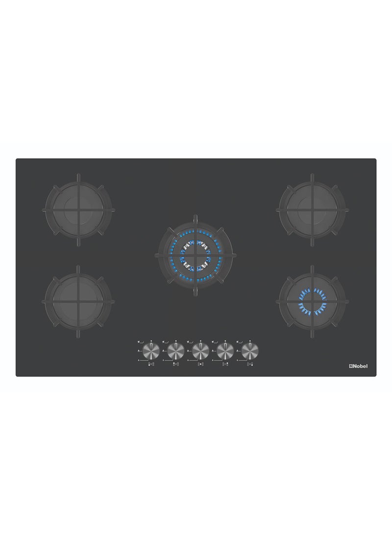 Nobel - 90 cm Built-in Hobs, Black Glass Top Plate, Front Control Panel, Cast-Iron Monoblock Pan Support, Flat Enamelled Matt Burner Caps, 5 Gas Burners with Triple Wok Middle, Convenient Automatic Ignition , 10850W Max Power, Made in Turkey NBH9502GH Silver - Image 1