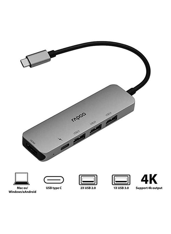 Rapoo Usb Hub Type C 5 In 1 With 4K Hdmi 3 Usb 3.0 Ports Type C Charging Grey - Image 4