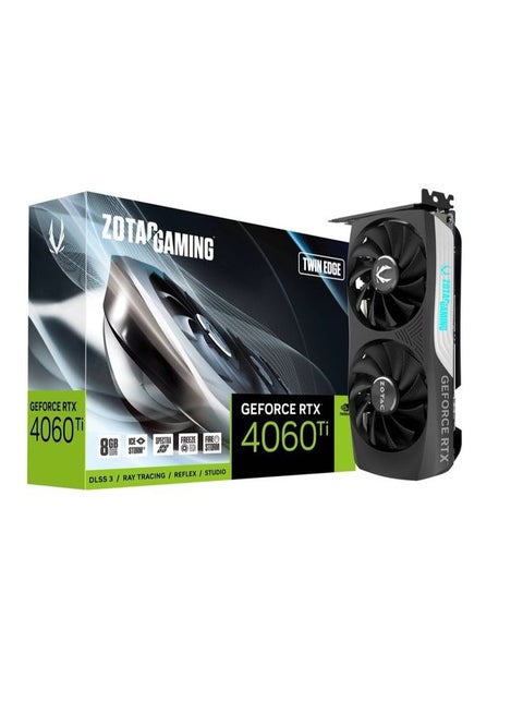 GAMING GeForce RTX 4060 Ti Twin Edge Graphics Card, 8GB GDDR6 128-bit Memory, 2535MHz Engine Clock, 4352 CUDA Cores, 18 Gbps Memory Clock, PCI E 4.0, 3*DisplayPort / 1*HDMI | ZT-D40610E-10M Black