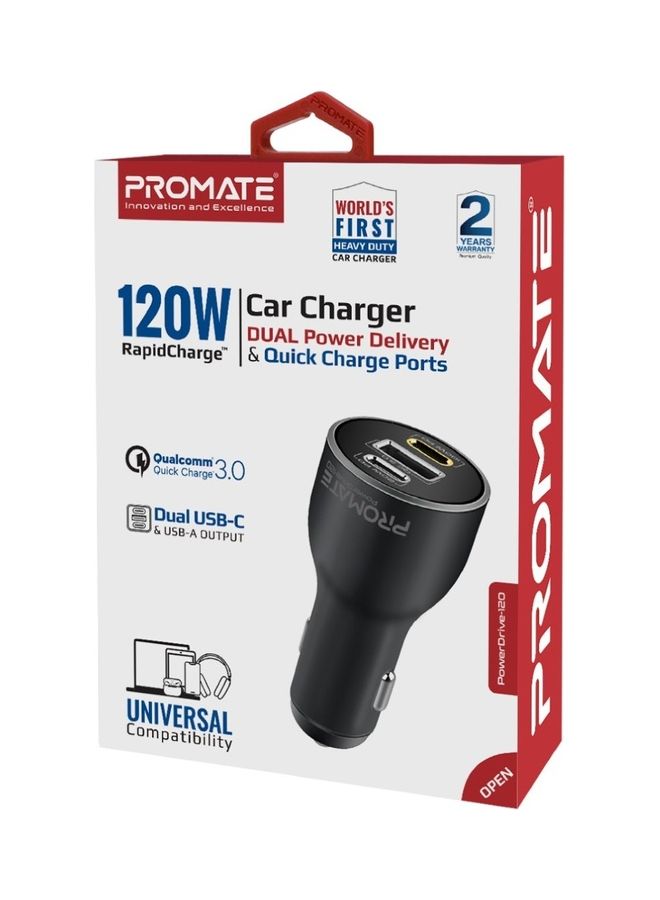PROMATE - Dual Type-C Super Fast Car Charger Adapter 120W Black - Image 1