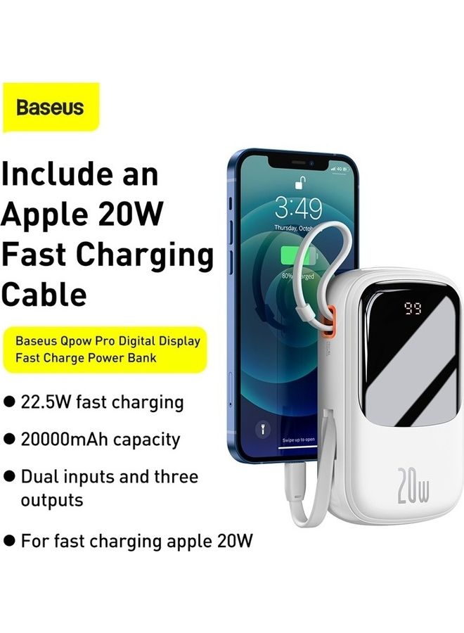 Baseus 20000mAh Digital Display Quick Charge Power Bank Built-in iPhone Lightning Cable And 3 Outputs for iPhone 14, 14 Plus, 14 Pro, 14 Pro Max And iPhone 13, 12 And Many More White - Image 2