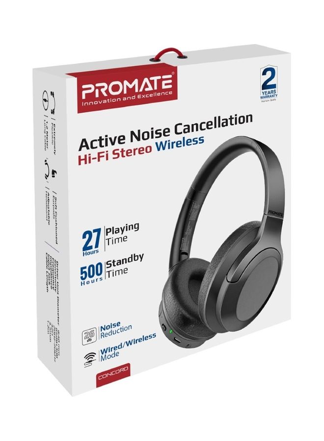 PROMATE - Bluetooth Headphones, Powerful HD Stereo Wired/Wireless Headphone with Active Noise Cancellation, AUX Port, 27H Playtime and Built-in Mic, Concord Black - Image 1