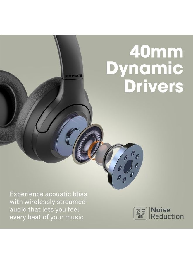 PROMATE - Bluetooth Headphones, Powerful HD Stereo Wired/Wireless Headphone with Active Noise Cancellation, AUX Port, 27H Playtime and Built-in Mic, Concord Black - Image 1