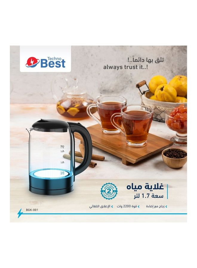 تكنو بيست - غلاية كهربائية زجاجية 1.8 لتر 2200 وات dlc-38120 أبيض/شفاف/أحمر 1.7 L 2200 W BGK-001 أسود - Image 1