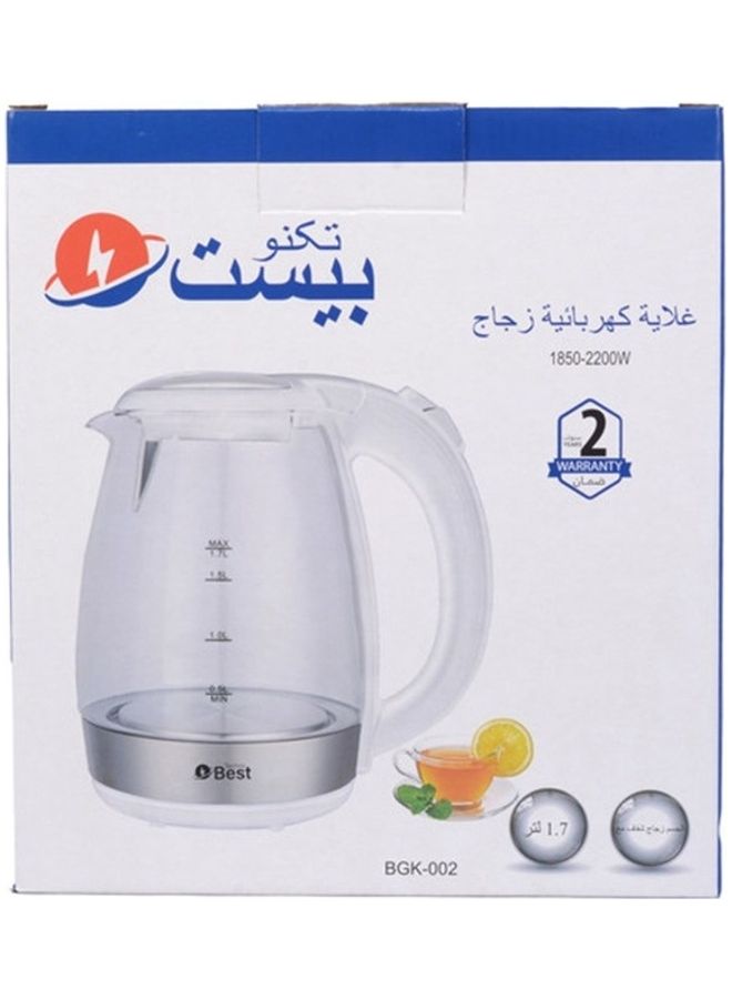 تكنو بيست - غلاية كهربائية زجاجية 1.8 لتر 2200 وات dlc-38120 أبيض/شفاف/أحمر 1.7 L 2200 W BGK-002 ابيض - Image 1