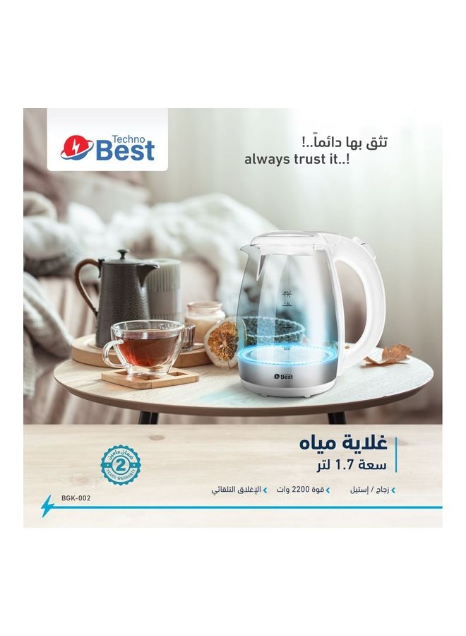 تكنو بيست - غلاية كهربائية زجاجية 1.8 لتر 2200 وات dlc-38120 أبيض/شفاف/أحمر 1.7 L 2200 W BGK-002 ابيض - Image 1