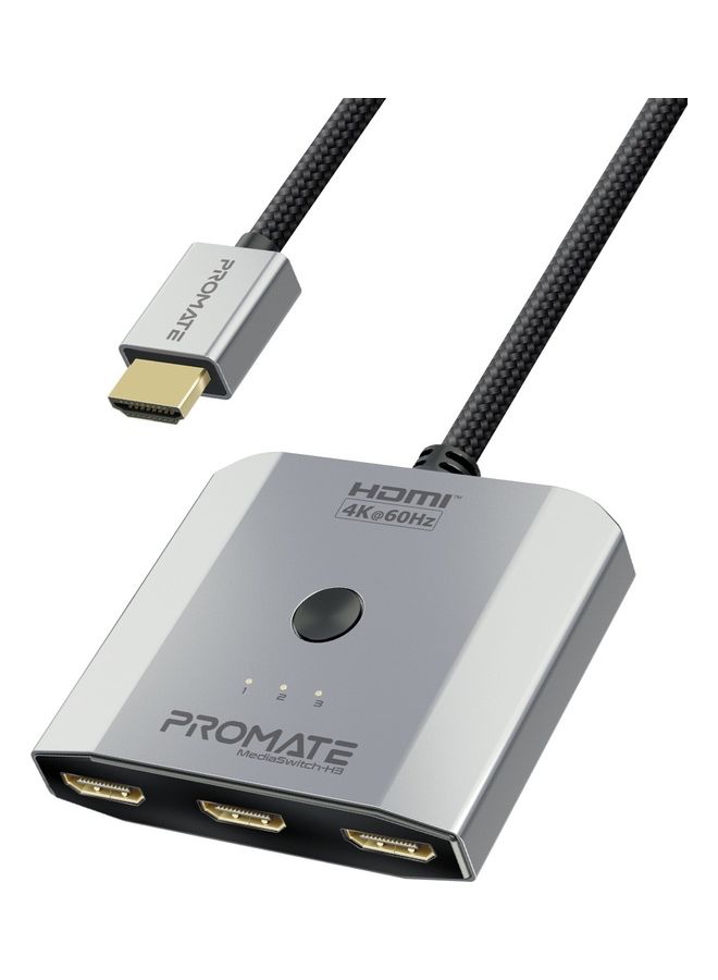 Promate HDMI Switch, 3-in-1 Ultra HD 4k 60Hz HDMI Adapter Converter with Triple HDMI Ports, Compact Design, Switch Button and 50 cm Cable, MediaSwitch-H3 Silver Silver - v1685678494/N53410435A_1