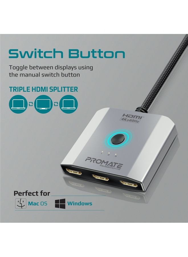 Promate HDMI Switch, 3-in-1 Ultra HD 4k 60Hz HDMI Adapter Converter with Triple HDMI Ports, Compact Design, Switch Button and 50 cm Cable, MediaSwitch-H3 Silver Silver - v1685678494/N53410435A_3