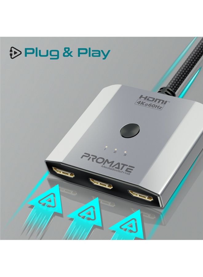 Promate HDMI Switch, 3-in-1 Ultra HD 4k 60Hz HDMI Adapter Converter with Triple HDMI Ports, Compact Design, Switch Button and 50 cm Cable, MediaSwitch-H3 Silver Silver - v1685678494/N53410435A_6