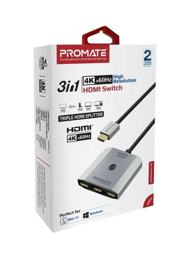 Promate HDMI Switch, 3-in-1 Ultra HD 4k 60Hz HDMI Adapter Converter with Triple HDMI Ports, Compact Design, Switch Button and 50 cm Cable, MediaSwitch-H3 Silver Silver - v1685678494/N53410435A_7