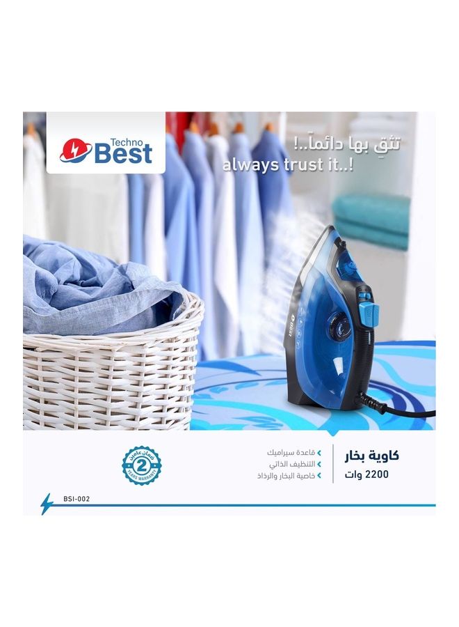 Techno Best - Steam Iron With Ceramic Soleplate With Self Clean Function 280 ml 2200 W BSI-002 Blue/Black - Image 1