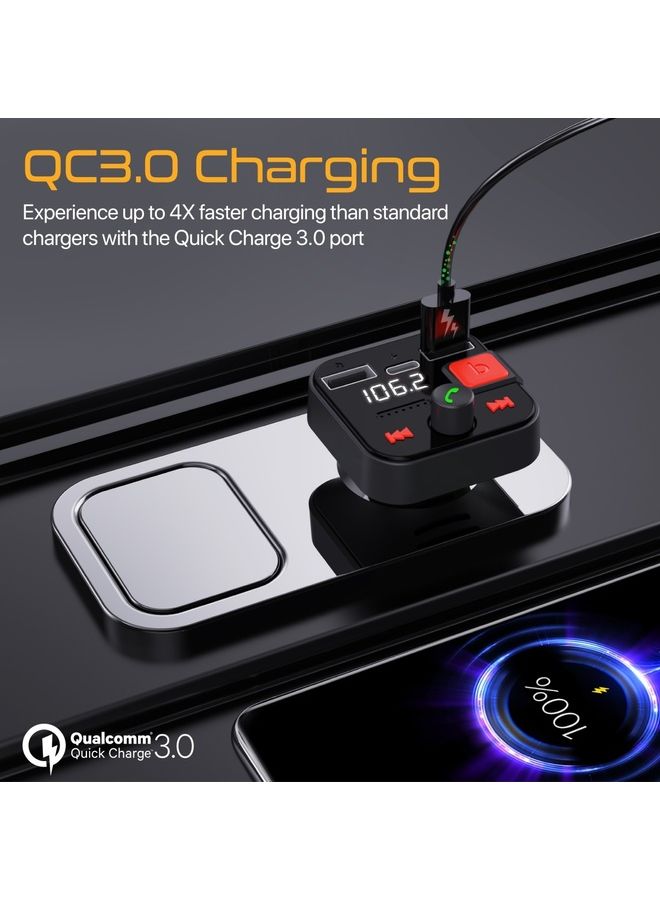 PROMATE - Bluetooth FM Transmitter, 30W Cigarette Lighter USB Charger Car Kit with 18W QC 3.0 Port, USB-C 12W Port, Flash Drive Input, Microphone and LCD Screen, PowerTune-30W Black - Image 1
