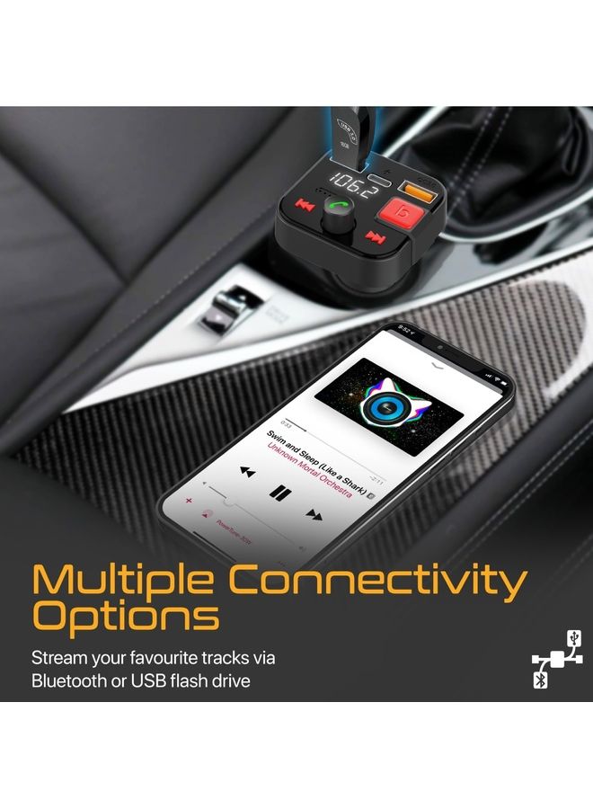 PROMATE - Bluetooth FM Transmitter, 30W Cigarette Lighter USB Charger Car Kit with 18W QC 3.0 Port, USB-C 12W Port, Flash Drive Input, Microphone and LCD Screen, PowerTune-30W Black - Image 1