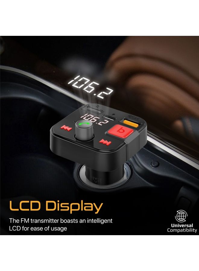 PROMATE - Bluetooth FM Transmitter, 30W Cigarette Lighter USB Charger Car Kit with 18W QC 3.0 Port, USB-C 12W Port, Flash Drive Input, Microphone and LCD Screen, PowerTune-30W Black - Image 1