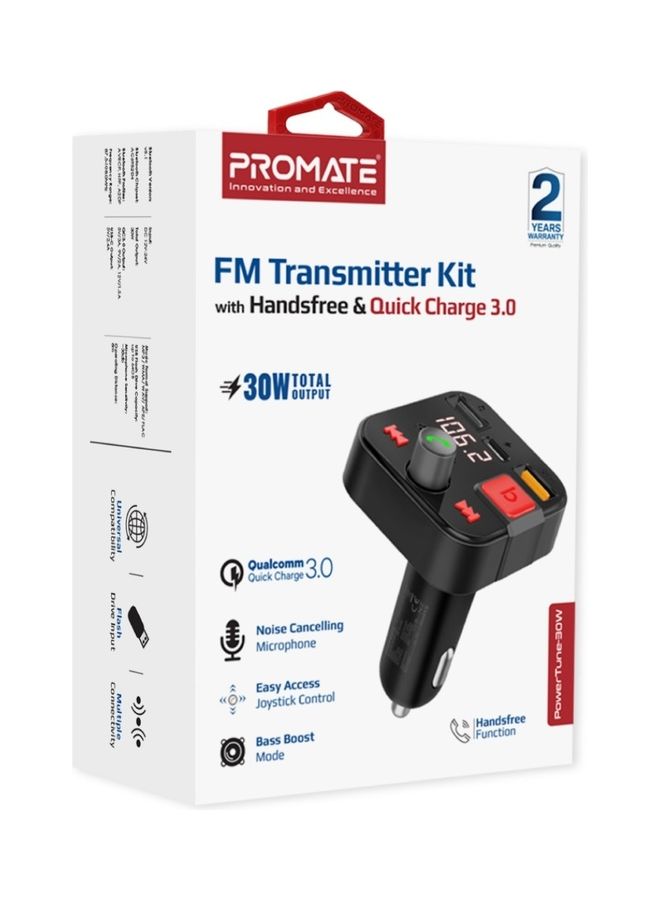 PROMATE - Bluetooth FM Transmitter, 30W Cigarette Lighter USB Charger Car Kit with 18W QC 3.0 Port, USB-C 12W Port, Flash Drive Input, Microphone and LCD Screen, PowerTune-30W Black - Image 1