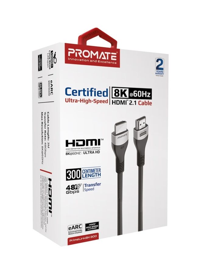 PROMATE - Promate 8K HDMI Cable, Premium 48Gbps High-Speed HDMI 2.1 Audio Video Cable with Enhanced Audio Return, 3 Meter Slim Cord and Dynamic HDR Support for Monitor, UHDTV, Projector, PrimeLink8K-300 Black Black - Image 1