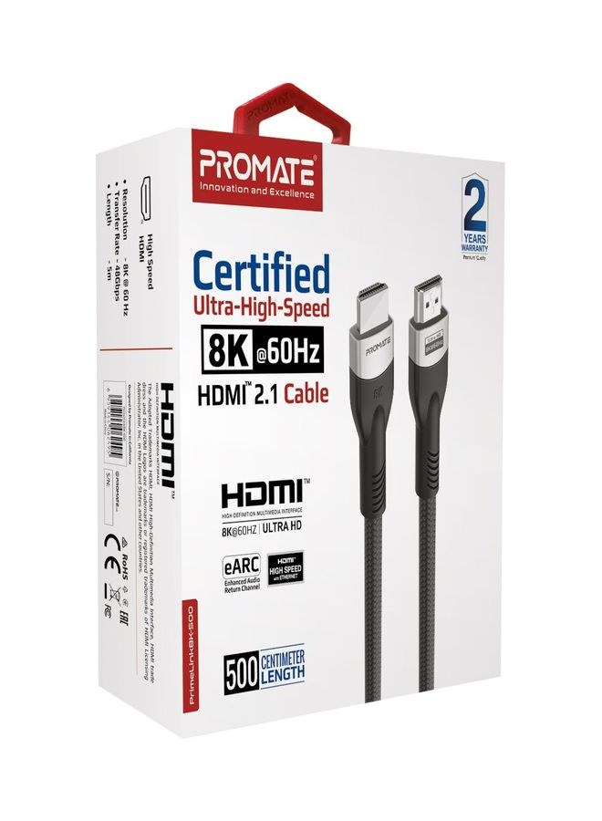PROMATE - Promate 8K HDMI Cable, Premium 48Gbps High-Speed HDMI 2.1 Audio Video Cable with Enhanced Audio Return, 5 Meter Slim Cord and Dynamic HDR Support for Monitor, UHDTV, Projector, PrimeLink8K-500 Black Black - Image 1
