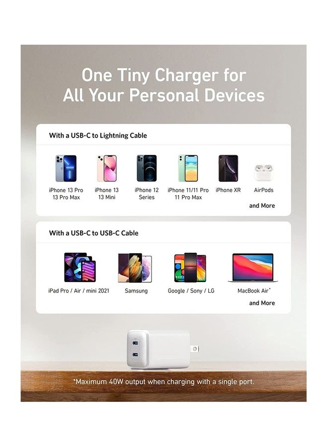 شاحن Anker USB C بقدرة 40 وات، شاحن 521 (نانو برو)، شاحن سريع مدمج PIQ 3.0 (غير قابل للطي) لهواتف iPhone 14/14 Plus/14 Pro/14 Pro Max/13 وGalaxy وPixel 4/3 وiPad/iPad Mini (الكابل غير متضمن)