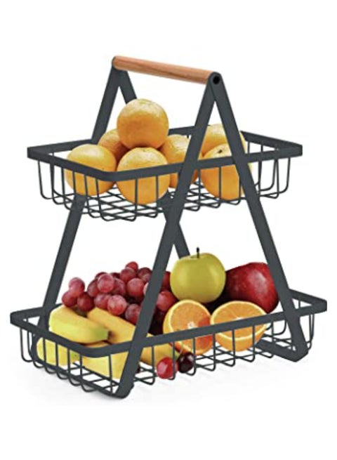 2 Tier Fruit Basket Baesan Large Countertop Fruit Bowl Bread Basket Vegetable Holder For Kitchen Storage Black