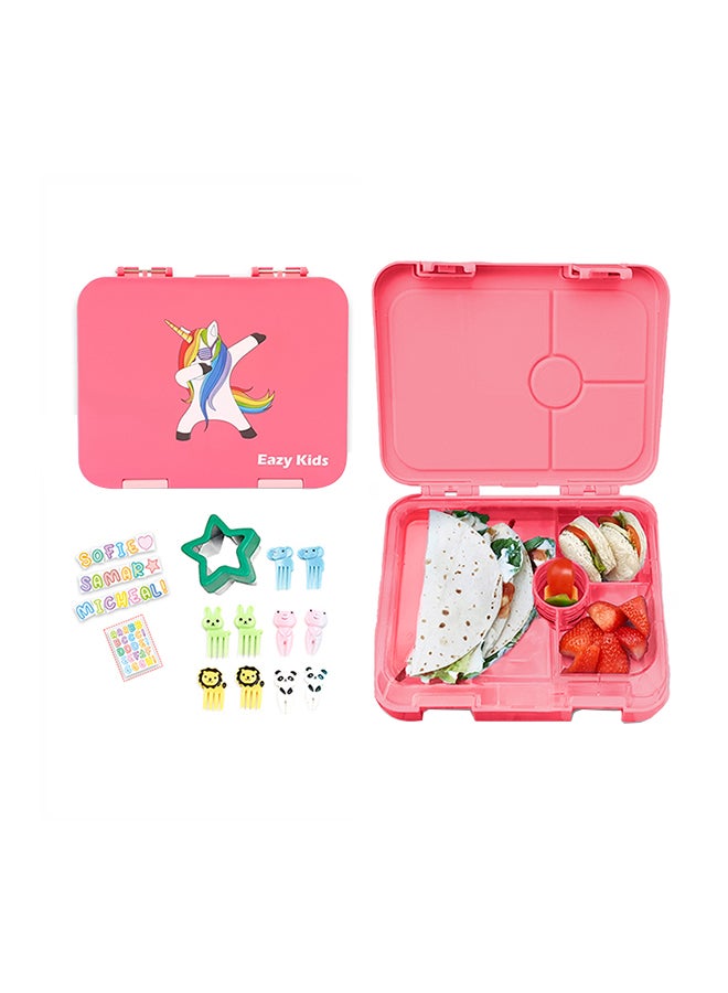 Eazy Kids - Bento Lunch Box, 4 Compartment, Slant Mouth Opening, Microwavable, Dishwasher Safe, Back To School Season, Made Of Triton, Free Sandwich Cutter, Unicorn Pink - Image 1