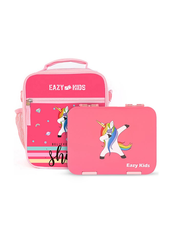 Eazy Kids - Bento Lunch Box, 4 Compartment, Slant Mouth Opening, Microwavable, Dishwasher Safe, Back To School Season, Made Of Triton, Free Sandwich Cutter, Unicorn Pink - Image 1