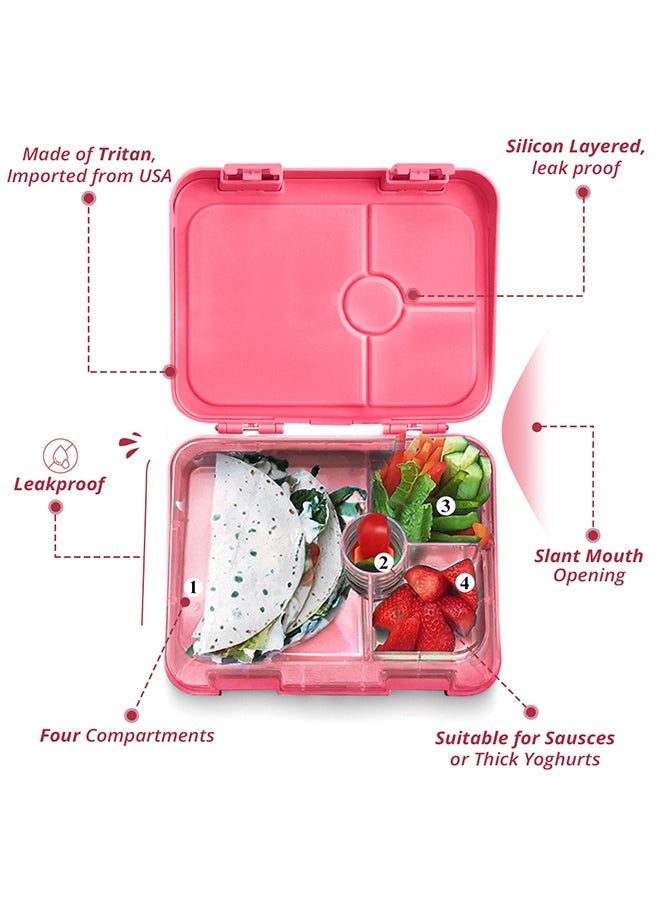 Eazy Kids - Bento Lunch Box, 4 Compartment, Slant Mouth Opening, Microwavable, Dishwasher Safe, Back To School Season, Made Of Triton, Free Sandwich Cutter, Unicorn Pink - Image 1