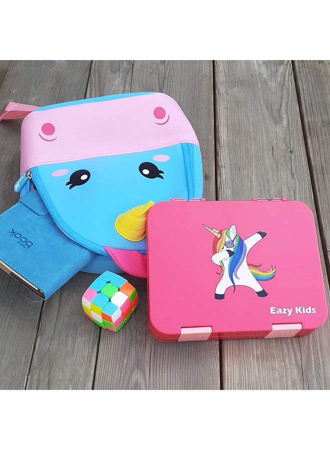 Eazy Kids - Bento Lunch Box, 4 Compartment, Slant Mouth Opening, Microwavable, Dishwasher Safe, Back To School Season, Made Of Triton, Free Sandwich Cutter, Unicorn Pink - Image 1