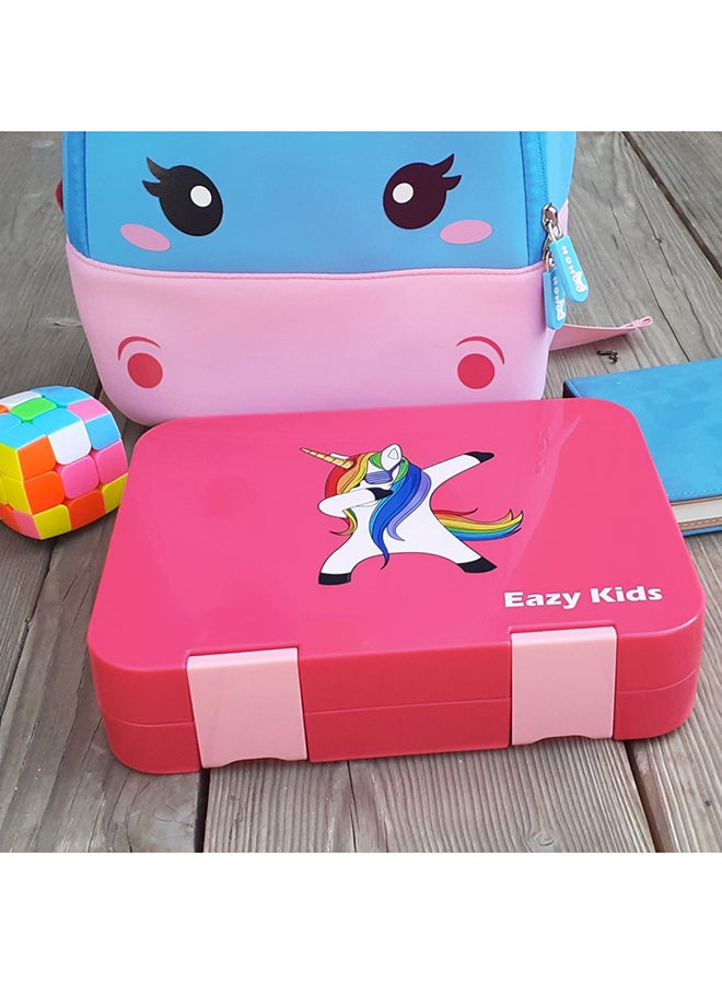 Eazy Kids - Bento Lunch Box, 4 Compartment, Slant Mouth Opening, Microwavable, Dishwasher Safe, Back To School Season, Made Of Triton, Free Sandwich Cutter, Unicorn Pink - Image 1