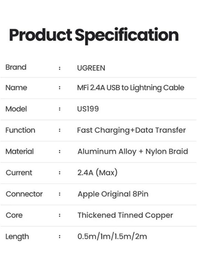 Ugreen - USB To Lightning Alu Case Braided  Cable 2M Silver - Image 1